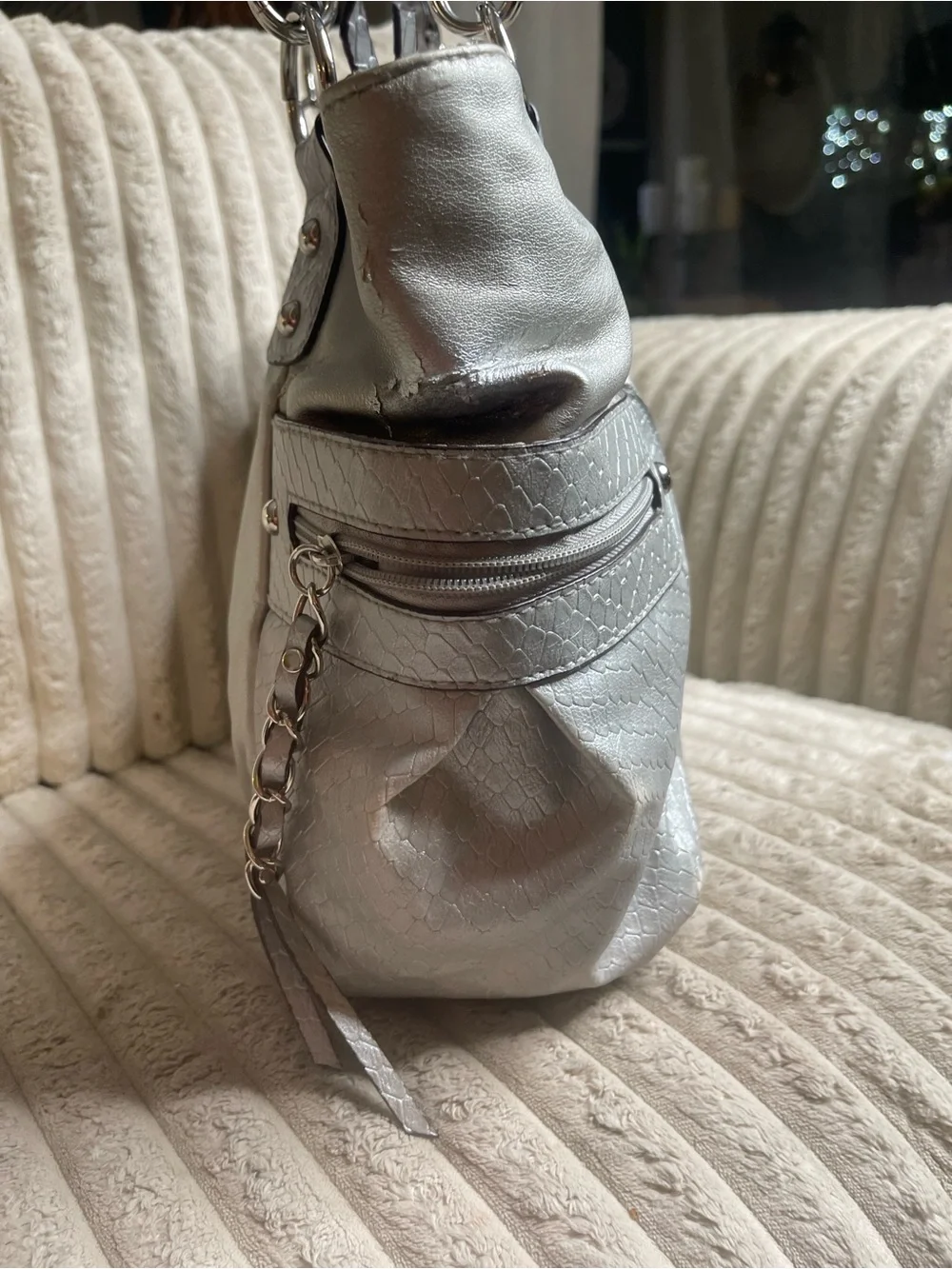 Genna De Rossi Metallic Silver Y2K Shoulder Bag Hobo Satchel Charm Tassel